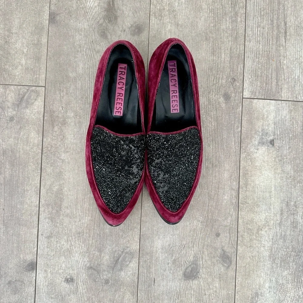 Tracy Reese Womens Size 8.5 Burgundy Suede Glitter Jewel Front Loafers